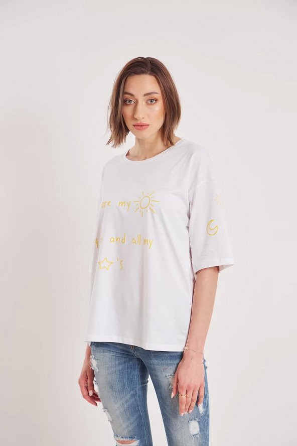 Kadın White Oversize Youre My Sun Yazı Baskılı T-shirt ürün görseli 1