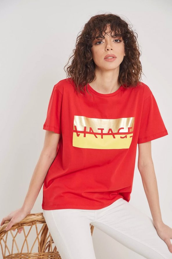 Kadın  Kırmızı Baskılı T-shirt - Resim 4