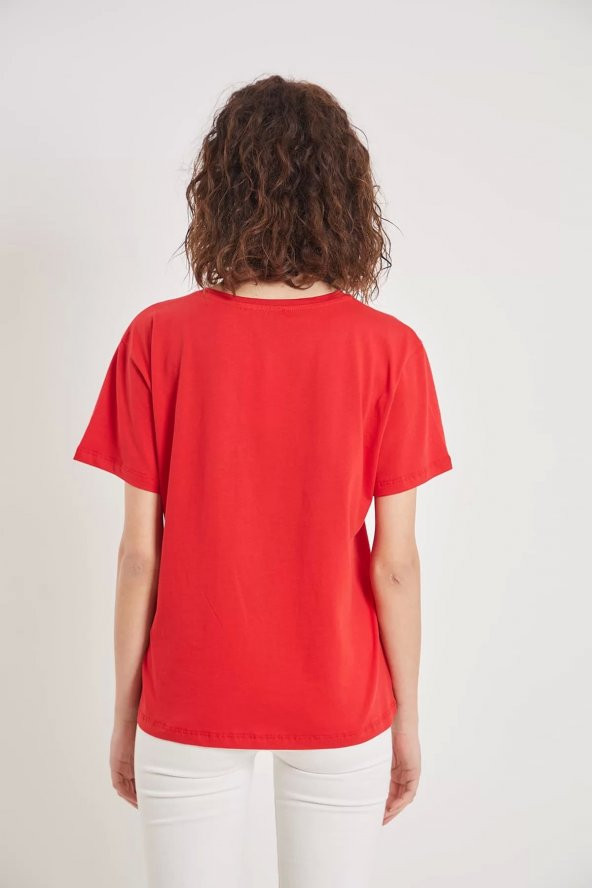Kadın  Kırmızı Baskılı T-shirt - Resim 5