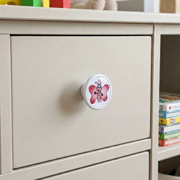 Çocuk Odası Mobilya Kulp Tekli Düğme Çap 55 mm Pembe Kelebek ürün görseli 1