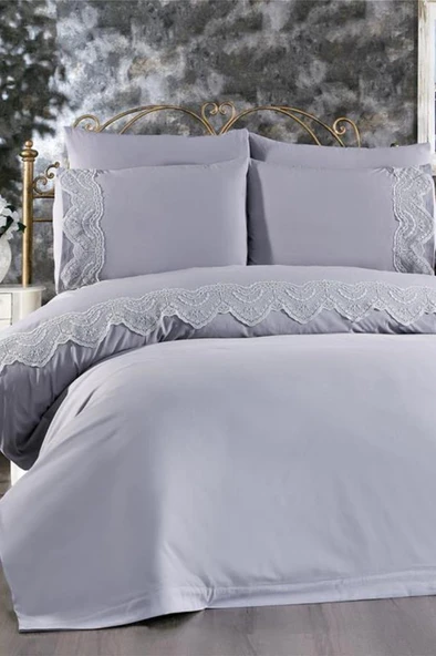 Fransız Dantelli Hanzade Çeyizlik Nevresim Takımı Gri ürün görseli 1