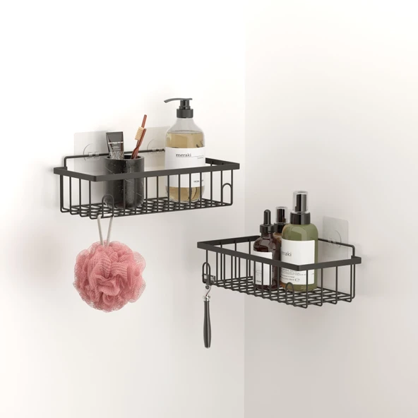 TEKNOTEL YAPIŞKANLI KANCALI 2 ADET BANYO RAFI MAT SİYAH ST241 ürün görseli 1