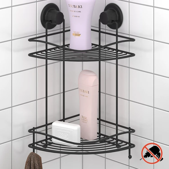 TEKNOTEL DELME VİDA MATKAP YOK! VAKUMLU İKİ KATLI BANYO KÖŞE RAFI MAT SİYAH DM253 ürün görseli 1