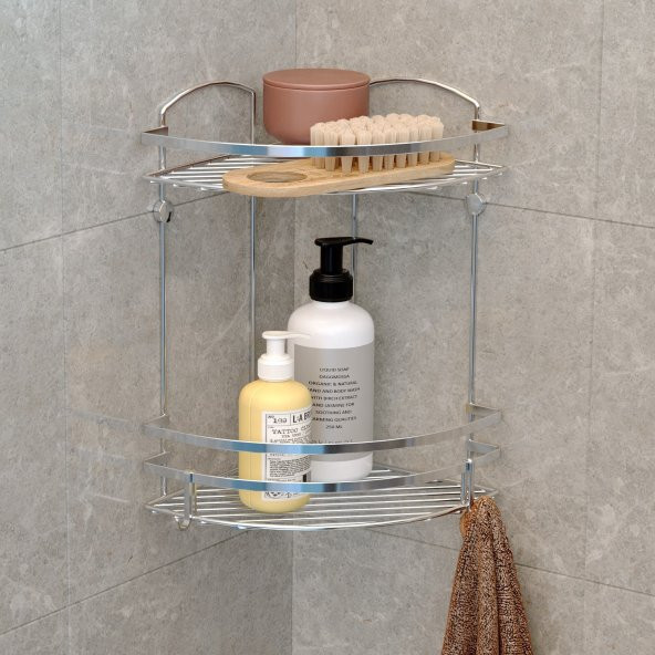 TEKNOTEL İKİ KATLI BANYO KÖŞE RAFI KANCALI KROM LM008H ürün görseli 1