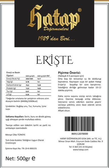 Hatap Katkısız Elde Kesim Erişte 500 GR - Resim 2