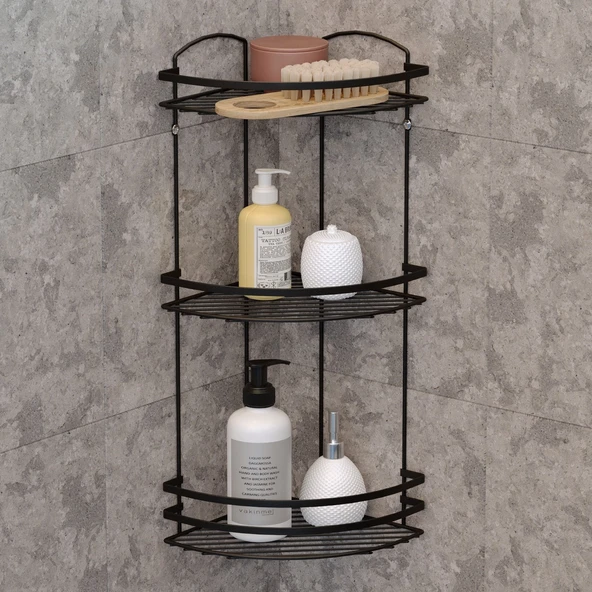 TEKNOTEL ÜÇ KATLI BANYO DUŞ KÖŞE RAFI MAT SİYAH LM009 ürün görseli 1