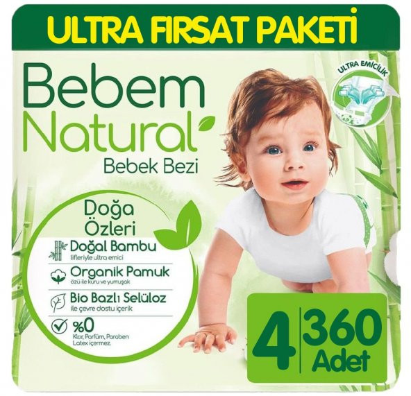 Bebem Natural Bebek Bezi Ultra Fırsat Paketi 4 Beden 90x4 360 Adet ürün görseli 1