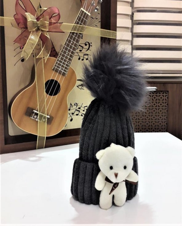 Peluş Ayıcıklı Ponponlu Çocuk Beresi  LACİVERT ürün görseli 1