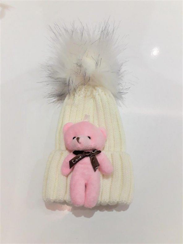 Peluş Ayıcıklı Ponponlu Çocuk Beresi  PEMBE - Resim 7