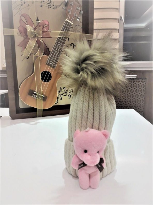 Peluş Ayıcıklı Ponponlu Çocuk Beresi  PEMBE - Resim 11