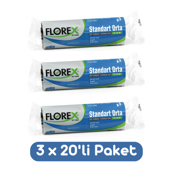 Florex Standart Orta Boy Çöp Torbası 55x60 Cm 20li Rulo Siyah 3 Rulo (60 Adet) ürün görseli 1