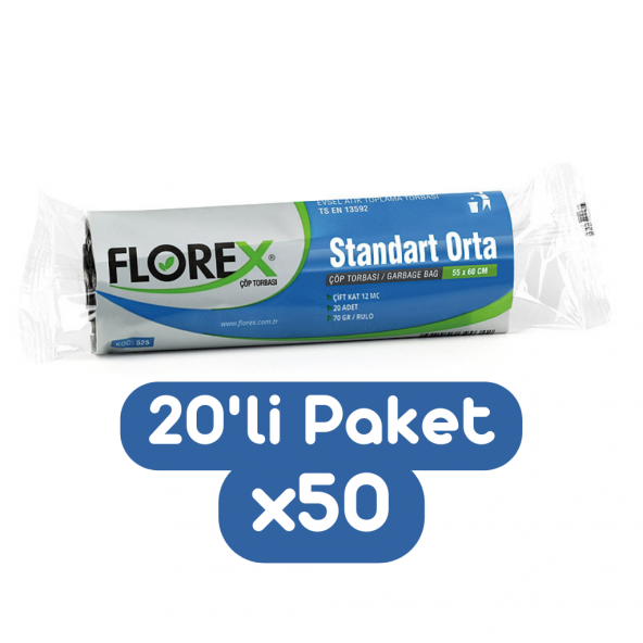 Florex Standart Orta Boy Çöp Torbası 55x60 Cm 20li Rulo Siyah 50 Rulo (1000 Adet 1 Koli) ürün görseli 1