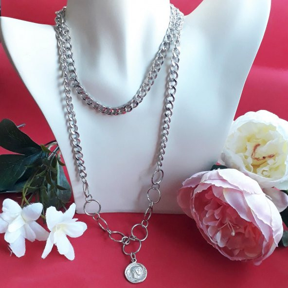 Çelik Zincir Kadın İkili Choker & Uzun Kolye ürün görseli 1