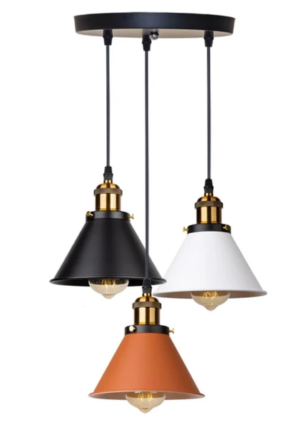 Rsylight Retro Dekoratif 3 Lü Bakır Siyah Beyaz Rustik Metal Sarkıt Avize 30 Cm ürün görseli 1