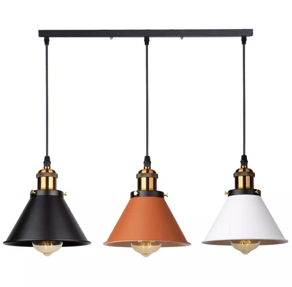 Rsylight Retro Masa Üstü 3 Lü Bakır Siyah Beyaz Rustik Metal Sarkıt Avize 60 Cm ürün görseli 1