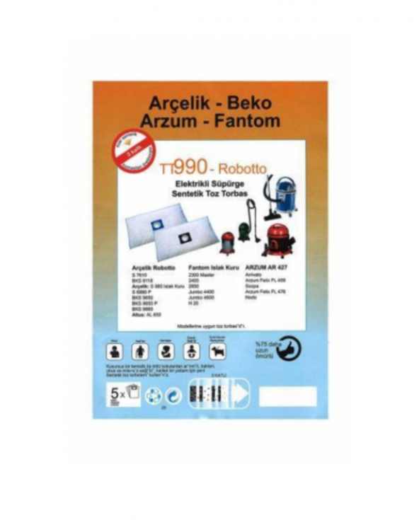 ARÇELİK-BEKO-FANTOM-ARZUM-ARİWATO SÜPÜRGE TORBASI 5 ADET ürün görseli 1