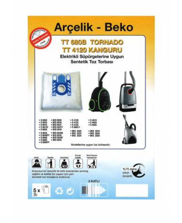 ARÇELİK-BEKO TT680,TT4120 UYUMLU 5 AD SÜPÜRGE TORBASI ürün görseli 1