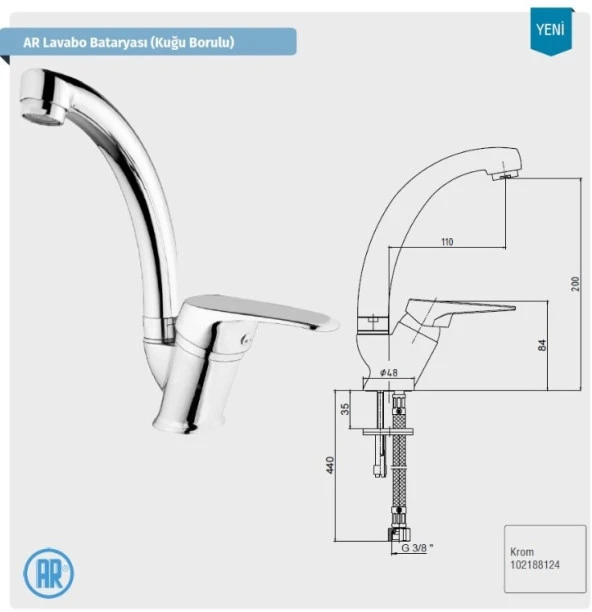 AR LUCIA KUĞU LAVABO BATARYASI ürün görseli 1