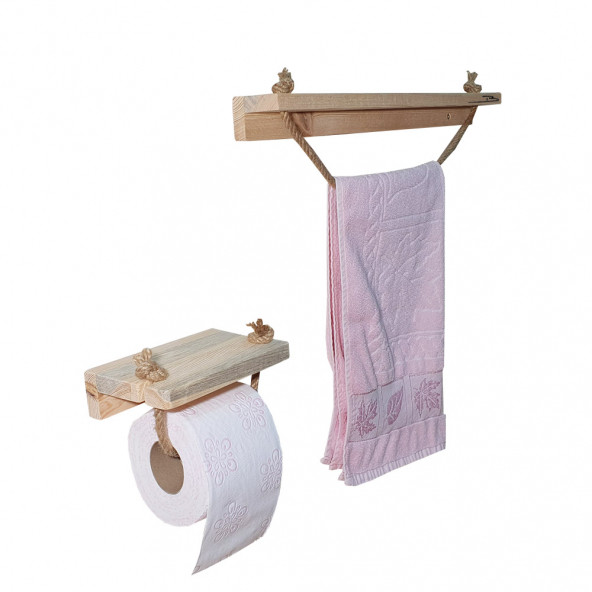 Barış Dizayn Doğal Ahşap Banyo Havluluk Tuvalet Kağıtlığı Havlupan Jüt İpli 2li Set ürün görseli 1