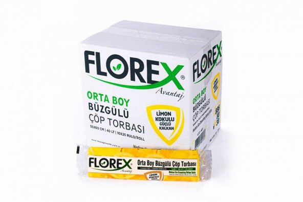 Florex 40 Litre Büzgülü Limon Kokulu Sarı Çöp Torbası Poşeti / 55 x 60 Cm. - 10x25 Rulo / Koli ürün görseli 1