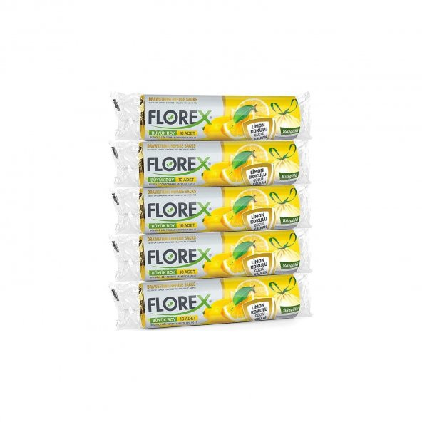 Florex 60 Litre Büzgülü Limon Kokulu Sarı Çöp Torbası Poşeti / 65 x 70 Cm. - 10 Adetlik 5 Rulo ürün görseli 1