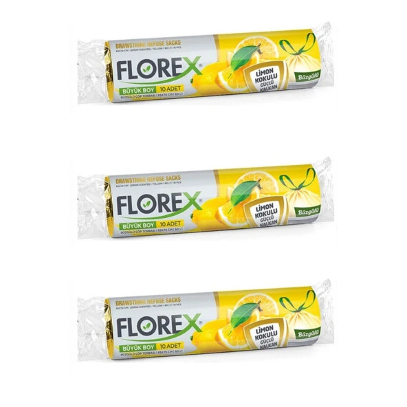 Florex 60 Litre Büzgülü Limon Kokulu Sarı Çöp Torbası Poşeti / 65 x 70 Cm. - 10 Adetlik 3 Rulo ürün görseli 1
