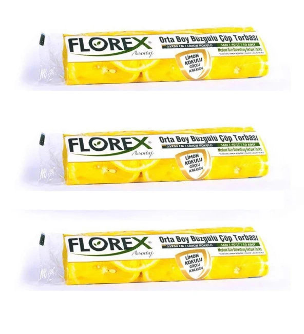 Florex 40 Litre Büzgülü Limon Kokulu Sarı Çöp Torbası Poşeti / 55 x 60 Cm. - 10 Adetlik 3 Rulo ürün görseli 1