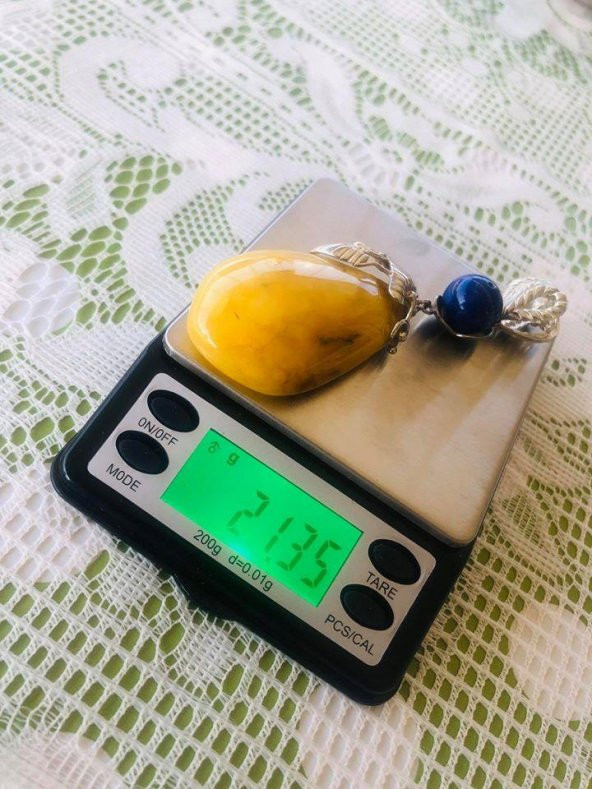 DOĞAL KAYA DAMLA KEHRİBAR LAPİS LAZULİ TAŞLI KOLYE UCU 21,35 Gram ürün görseli 1