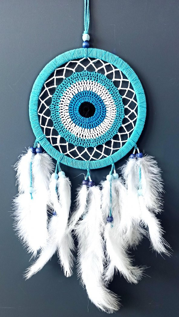 Nazar Boncuğu Motifli Turkuaz Rengi Dream Catcher Beyaz Kuş Tüylü Düş Kapanı Duvar Süsü ürün görseli 1