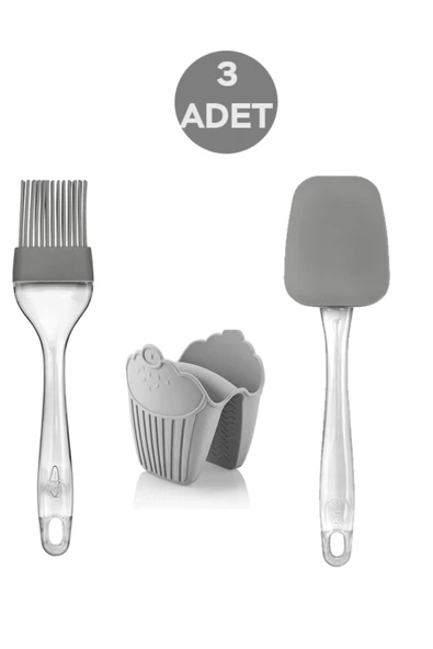 3'lü Silikon Fırça - Spatula - Fırın Eldiveni ( Elcek - Tutaç ) Gri ürün görseli 1