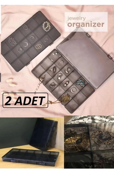 Füme 2 Adet 18 Bölmeli Kolye Yüzük Kapaklı Takı Kutusu Dikiş Kutusu Organizer Düzenleyici Kutu ürün görseli 1