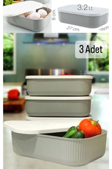 Storage 3 Adet 3.2 Lt Saklama Kabı Gri Sebze Meyve Kahvaltılık Eşya Organizer Toparlayıcı Kutu ürün görseli 1