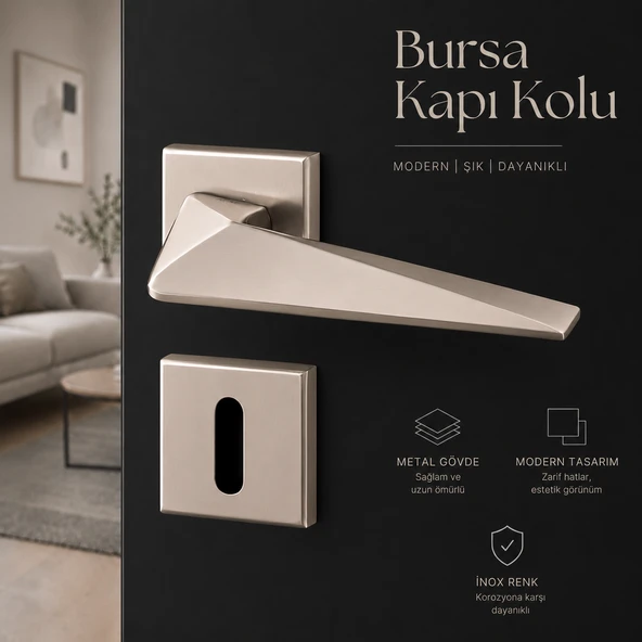 Bursa İnox Kare Rozetli Oda Kapı Kolu Sağa ve Sola Uygun 1 Takım Kapı Kolları ürün görseli 1