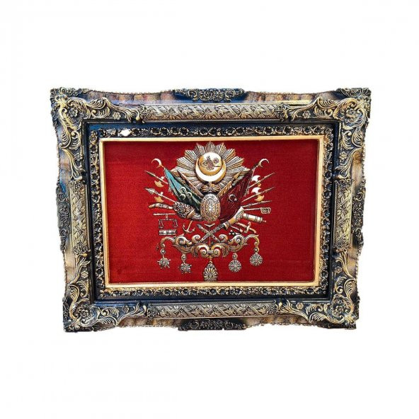 Osmanlı Devlet Arması Halı Kilim Tablo 95x75cm Kırmızı - İran Tebriz Halı Tablo ürün görseli 1