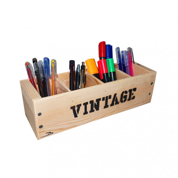 Barış Dizayn Doğal Ahşap 30cm Vintage Retro Tasarım Kalemlik Makyaj Masa Orgenizeri ürün görseli 1