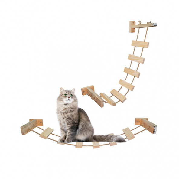 Barış Dizayn Doğal ahşap halatlı ipli kedi merdiveni kedi köprüsü duvar yürüyüş yolu kedi oyunu (75cm) ürün görseli 1
