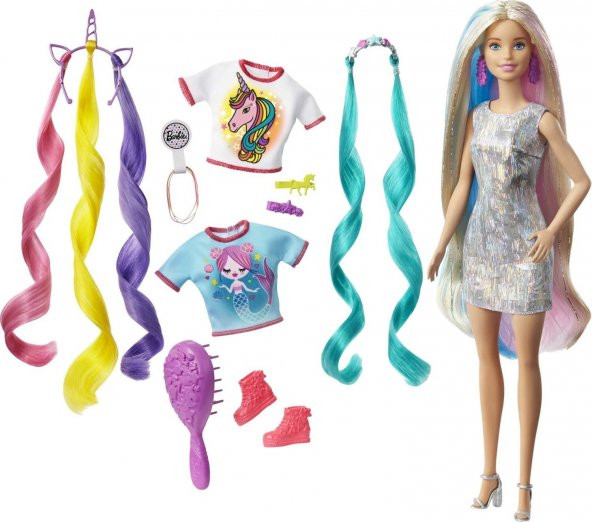 Barbie Rengarenk Saçlar Bebeği, Aksesuarlar, Saç Şekillendirme Parçaları İle GHN04 ürün görseli 1