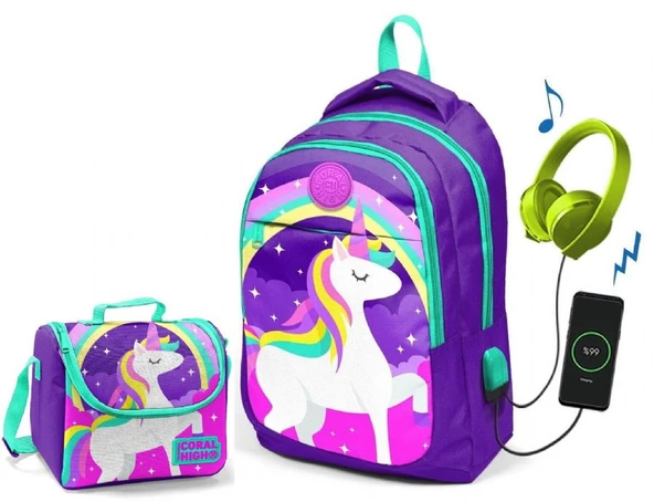 Coral High Kids Mor Unicorn Okul ve Beslenme Çantası - Kız Çocuk  - USB Soketli ürün görseli 1