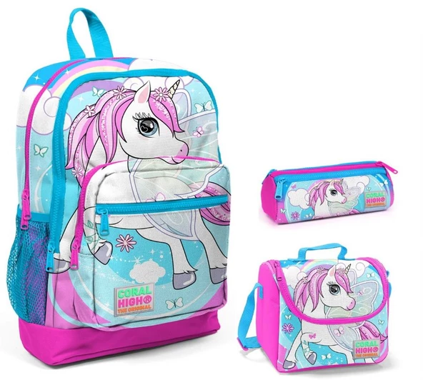 Coral High Mavi Unicorn Baskılı Kız Çocuk 3'lü İlkokul Çanta Seti ürün görseli 1