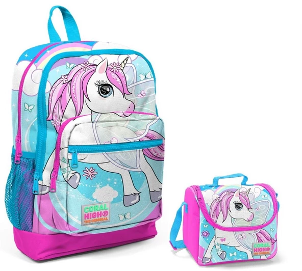 Coral High Mavi Unicorn Baskılı Kız Çocuk İlkokul Çantası ve Beslenme Seti ürün görseli 1