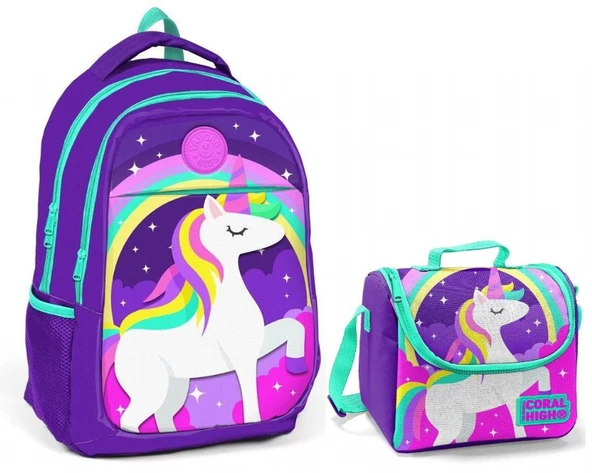 Coral High Kız Çocuk Mavi Unicorn Okul Sırt Çantası ve Beslenme Çantası ürün görseli 1