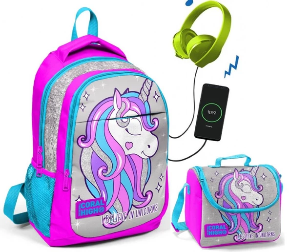 Coral High Pembe Unicorn Okul ve Beslenme Çantası - Kız Çocuk  - USB Soketli ürün görseli 1