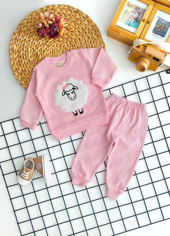 Neşeli Bebekler Kabartma Peluşlu Kuzu Desen Penye Takım Pembe ürün görseli 1