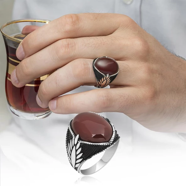 Oval Akik Taşlı 925 Gümüş Erkek Yüzük ürün görseli 1