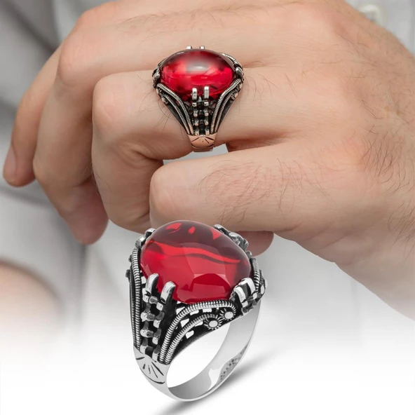 Kırmızı Lal Taşlı Oval 925 Gümüş Erkek Yüzük ürün görseli 1