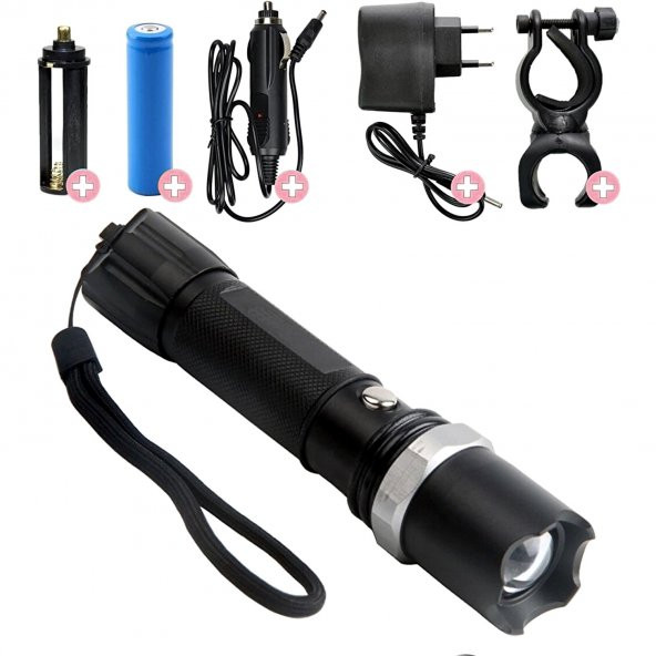 Profesyonel Şarjlı El Feneri Ledli+Flashlight+Zoom Özellikli+Tüfek Aparatı 6 Parça Full Set ürün görseli 1