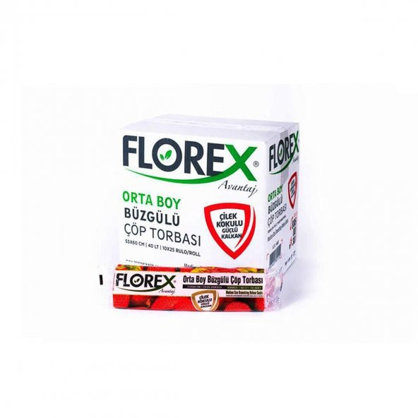 Florex 40 Litre Büzgülü Çilek Kokulu Çöp Torbası Poşeti / 55 x 60 Cm. - 10x25 Rulo / Koli ürün görseli 1
