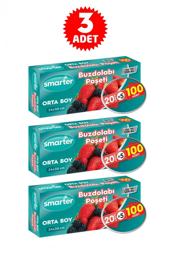 SMARTER 3 PAKET BUZDOLABI POŞET ORTA BOY ( 100 ADET X 3 ) ürün görseli 1
