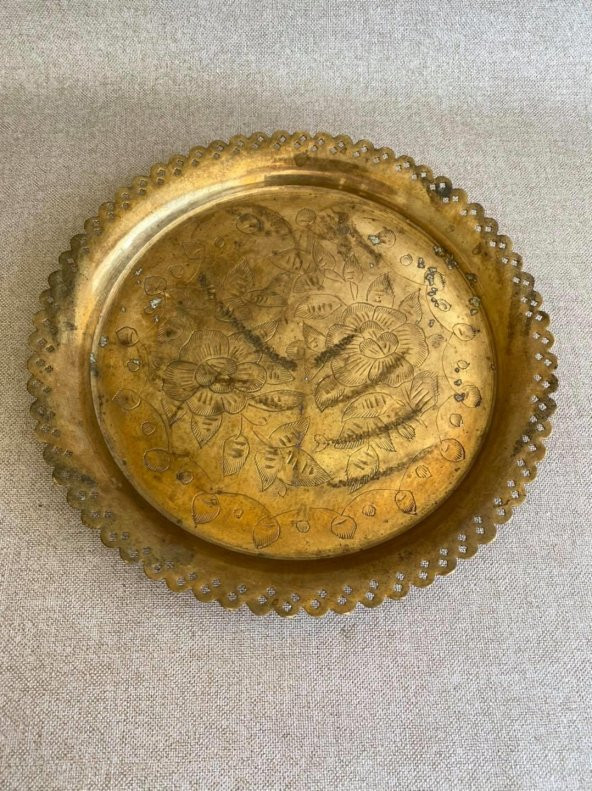 Vintage Sarı Metal Çay Kahve Tepsisi 27cm ürün görseli 1