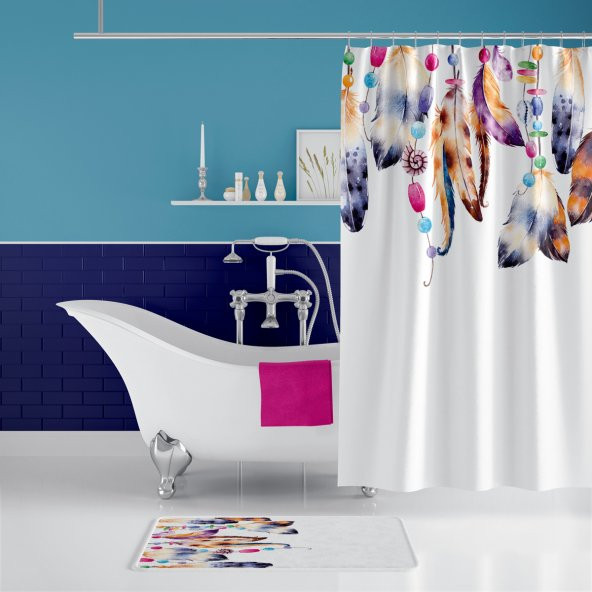 Renkli Tüy Desen Banyo Paspası, Kaymaz Taban Paspas, Dot Taban Banyo Paspası ve Duş Perdesi ürün görseli 1